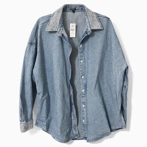 Express Women's Button Up Denim Embellished Boyfriend Shirt